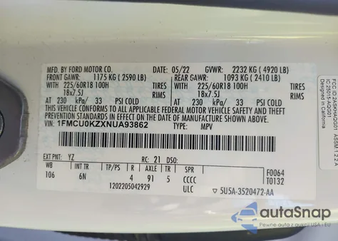 2022 Ford Escape Sel Plug-In Hybrid z USA, uszkodzony, nr VIN 1FMCU0KZXNUA93862